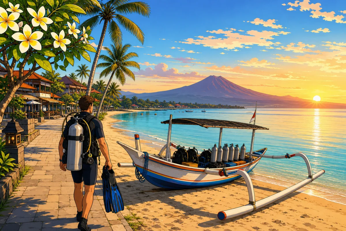 Cel-shaded illustration of Sanur beachfront at sunrise: calm turquoise sea, a traditional jukung dive boat loaded with scuba tanks waiting on the sand, palm trees, and low beachfront hotels with warm lights, Mount Agung on the horizon.