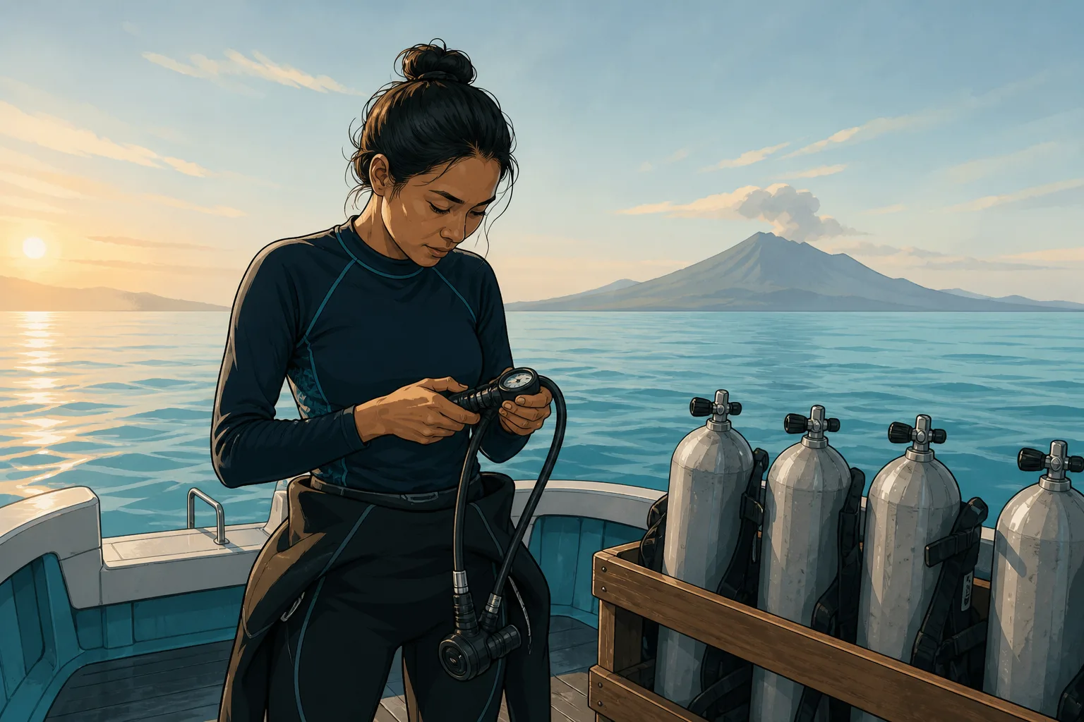 Illustration of a woman diver on the stern of a dive boat off Sanur at first light, checking her gauge before the crossing